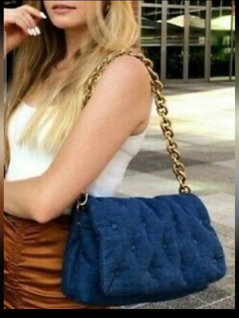 Zara Denim Puffy Quilted Convertible Shoulder Bag or Clutch With Chunky Chain